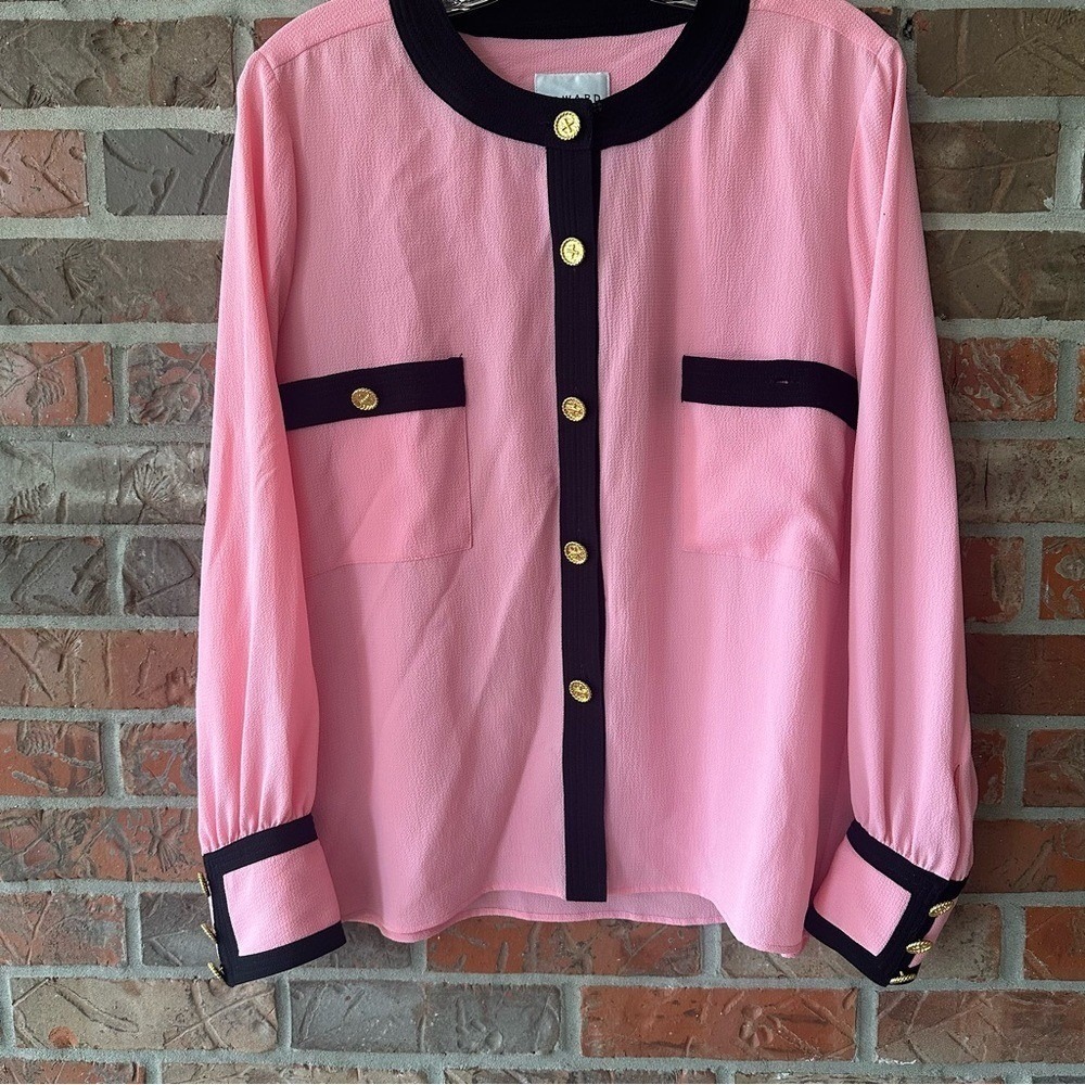 Edward Achour Paris Pink Black Contrast Button Up Long Sleeve Blouse Lightweight